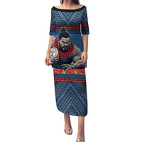 Custom Toa Samoa Rugby Puletasi Samoan Warrior Ula Fala Tribal Pattern LT03 Long Dress Blue - Polynesian Pride
