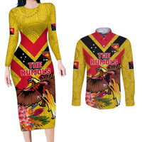 Custom Papua New Guinea Rugby Couples Matching Long Sleeve Bodycon Dress and Long Sleeve Button Shirt Bird of Paradise and Hibiscus Polynesian Pattern Yellow Color LT03 Yellow - Polynesian Pride
