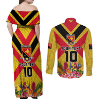 Custom Papua New Guinea Rugby Couples Matching Off Shoulder Maxi Dress and Long Sleeve Button Shirt Bird of Paradise and Hibiscus Polynesian Pattern Yellow Color LT03 - Polynesian Pride