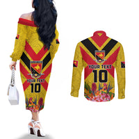 Custom Papua New Guinea Rugby Couples Matching Off The Shoulder Long Sleeve Dress and Long Sleeve Button Shirt Bird of Paradise and Hibiscus Polynesian Pattern Yellow Color LT03 - Polynesian Pride