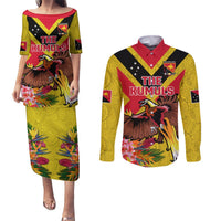 Custom Papua New Guinea Rugby Couples Matching Puletasi and Long Sleeve Button Shirt Bird of Paradise and Hibiscus Polynesian Pattern Yellow Color LT03 Yellow - Polynesian Pride