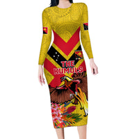Custom Papua New Guinea Rugby Family Matching Long Sleeve Bodycon Dress and Hawaiian Shirt Bird of Paradise and Hibiscus Polynesian Pattern Yellow Color LT03 Mom's Dress Yellow - Polynesian Pride