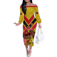 Custom Papua New Guinea Rugby Family Matching Off The Shoulder Long Sleeve Dress and Hawaiian Shirt Bird of Paradise and Hibiscus Polynesian Pattern Yellow Color LT03 Mom's Dress Yellow - Polynesian Pride