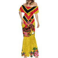 Custom Papua New Guinea Rugby Mermaid Dress Bird of Paradise and Hibiscus Polynesian Pattern Yellow Color LT03 - Polynesian Pride
