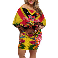 Custom Papua New Guinea Rugby Off Shoulder Short Dress Bird of Paradise and Hibiscus Polynesian Pattern Yellow Color LT03 Women Yellow - Polynesian Pride