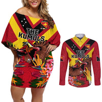 Custom Papua New Guinea Rugby Couples Matching Off Shoulder Short Dress and Long Sleeve Button Shirt Bird of Paradise and Hibiscus Polynesian Pattern Red Color LT03 Red - Polynesian Pride