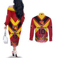 Custom Papua New Guinea Rugby Couples Matching Off The Shoulder Long Sleeve Dress and Long Sleeve Button Shirt Bird of Paradise and Hibiscus Polynesian Pattern Red Color LT03 - Polynesian Pride