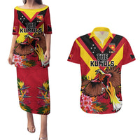 Custom Papua New Guinea Rugby Couples Matching Puletasi and Hawaiian Shirt Bird of Paradise and Hibiscus Polynesian Pattern Red Color LT03 Red - Polynesian Pride