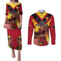 Custom Papua New Guinea Rugby Couples Matching Puletasi and Long Sleeve Button Shirt Bird of Paradise and Hibiscus Polynesian Pattern Red Color LT03 Red - Polynesian Pride