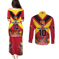 Custom Papua New Guinea Rugby Couples Matching Puletasi and Long Sleeve Button Shirt Bird of Paradise and Hibiscus Polynesian Pattern Red Color LT03 - Polynesian Pride
