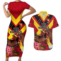 Custom Papua New Guinea Rugby Couples Matching Short Sleeve Bodycon Dress and Hawaiian Shirt Bird of Paradise and Hibiscus Polynesian Pattern Red Color LT03 Red - Polynesian Pride