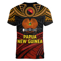 Papua New Guinea Bird-of-Paradise Women V Neck T Shirt Coat of Arms and Tribal Patterns LT03 - Polynesian Pride