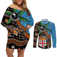 Fiji and Australia Couples Matching Off Shoulder Short Dress and Long Sleeve Button Shirt Fijian and Aboriginal mix Culture LT03 Blue - Polynesian Pride
