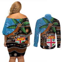Fiji and Australia Couples Matching Off Shoulder Short Dress and Long Sleeve Button Shirt Fijian and Aboriginal mix Culture LT03 - Polynesian Pride