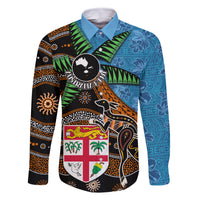 Fiji and Australia Family Matching Off The Shoulder Long Sleeve Dress and Hawaiian Shirt Fijian and Aboriginal mix Culture LT03 Dad's Shirt - Long Sleeve Blue - Polynesian Pride