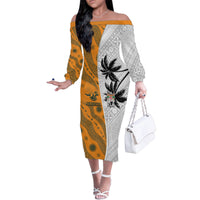 Custom Fiji and Australia Rugby Family Matching Off The Shoulder Long Sleeve Dress and Hawaiian Shirt Tapa Mix Aboriginal Pattern Half Style LT03 Mom's Dress White - Polynesian Pride