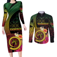 Vanuatu Independence Day Couples Matching Long Sleeve Bodycon Dress and Long Sleeve Button Shirt Sand Drawing Melanesian Vibes