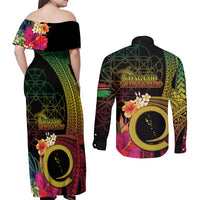 Vanuatu Independence Day Couples Matching Off Shoulder Maxi Dress and Long Sleeve Button Shirt Sand Drawing Melanesian Vibes