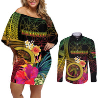 Vanuatu Independence Day Couples Matching Off Shoulder Short Dress and Long Sleeve Button Shirt Sand Drawing Melanesian Vibes
