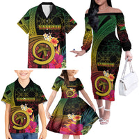 Vanuatu Independence Day Family Matching Off The Shoulder Long Sleeve Dress and Hawaiian Shirt Sand Drawing Melanesian Vibes LT03 - Polynesian Pride
