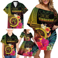 Vanuatu Independence Day Family Matching Off Shoulder Short Dress and Hawaiian Shirt Sand Drawing Melanesian Vibes LT03 - Polynesian Pride