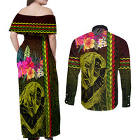 Hawaiian Reggae Music Couples Matching Off Shoulder Maxi Dress and Long Sleeve Button Shirt Jamaica Singer Tribal Polynesian and Hibiscus LT03 - Polynesian Pride