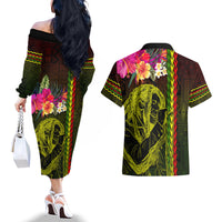 Hawaiian Reggae Music Couples Matching Off The Shoulder Long Sleeve Dress and Hawaiian Shirt Jamaica Singer Tribal Polynesian and Hibiscus LT03 - Polynesian Pride