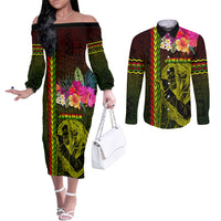 Hawaiian Reggae Music Couples Matching Off The Shoulder Long Sleeve Dress and Long Sleeve Button Shirt Jamaica Singer Tribal Polynesian and Hibiscus LT03 Black - Polynesian Pride