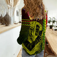 Hawaiian Reggae Music Women Casual Shirt Jamaica Singer Tribal Polynesian and Hibiscus LT03 - Polynesian Pride