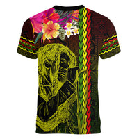 Hawaiian Reggae Music Women V-Neck T-Shirt Jamaica Singer Tribal Polynesian and Hibiscus