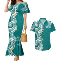 Aloha Polynesian Plumeria Flower Couples Matching Mermaid Dress and Hawaiian Shirt Teal Color LT03 Teal - Polynesian Pride