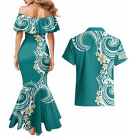 Aloha Polynesian Plumeria Flower Couples Matching Mermaid Dress and Hawaiian Shirt Teal Color LT03 - Polynesian Pride