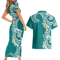 Aloha Polynesian Plumeria Flower Couples Matching Short Sleeve Bodycon Dress and Hawaiian Shirt Teal Color LT03 - Polynesian Pride