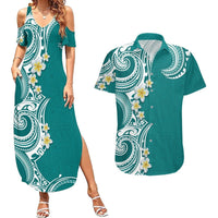 Aloha Polynesian Plumeria Flower Couples Matching Summer Maxi Dress and Hawaiian Shirt Teal Color LT03 Teal - Polynesian Pride