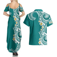 Aloha Polynesian Plumeria Flower Couples Matching Summer Maxi Dress and Hawaiian Shirt Teal Color LT03 - Polynesian Pride