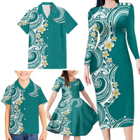 Aloha Polynesian Plumeria Flower Family Matching Long Sleeve Bodycon Dress and Hawaiian Shirt Teal Color LT03 - Polynesian Pride