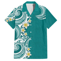 Aloha Polynesian Plumeria Flower Family Matching Long Sleeve Bodycon Dress and Hawaiian Shirt Teal Color LT03 Dad's Shirt - Short Sleeve Teal - Polynesian Pride