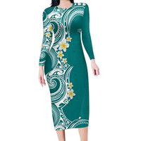 Aloha Polynesian Plumeria Flower Family Matching Long Sleeve Bodycon Dress and Hawaiian Shirt Teal Color LT03 Mom's Dress Teal - Polynesian Pride