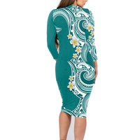 Aloha Polynesian Plumeria Flower Family Matching Long Sleeve Bodycon Dress and Hawaiian Shirt Teal Color LT03 - Polynesian Pride