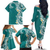 Aloha Polynesian Plumeria Flower Family Matching Off The Shoulder Long Sleeve Dress and Hawaiian Shirt Teal Color LT03 - Polynesian Pride