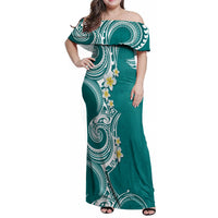 Aloha Polynesian Plumeria Flower Family Matching Off Shoulder Maxi Dress and Hawaiian Shirt Teal Color LT03 Mom's Dress Teal - Polynesian Pride