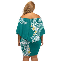 Aloha Polynesian Plumeria Flower Family Matching Off Shoulder Short Dress and Hawaiian Shirt Teal Color LT03 - Polynesian Pride