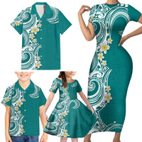 Aloha Polynesian Plumeria Flower Family Matching Short Sleeve Bodycon Dress and Hawaiian Shirt Teal Color LT03 - Polynesian Pride