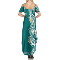 Aloha Polynesian Plumeria Flower Family Matching Summer Maxi Dress and Hawaiian Shirt Teal Color LT03 - Polynesian Pride