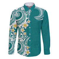Aloha Polynesian Plumeria Flower Family Matching Tank Maxi Dress and Hawaiian Shirt Teal Color