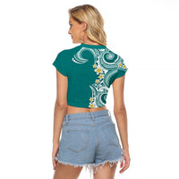 Aloha Polynesian Plumeria Flower Raglan Cropped T Shirt Teal Color