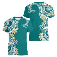 Aloha Polynesian Plumeria Flower Women V-Neck T-Shirt Teal Color
