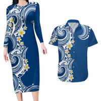 Aloha Polynesian Plumeria Flower Couples Matching Long Sleeve Bodycon Dress and Hawaiian Shirt Blue Color LT03 Blue - Polynesian Pride