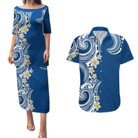 Aloha Polynesian Plumeria Flower Couples Matching Puletasi and Hawaiian Shirt Blue Color