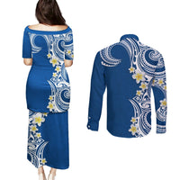 Aloha Polynesian Plumeria Flower Couples Matching Puletasi and Long Sleeve Button Shirt Blue Color LT03 - Polynesian Pride